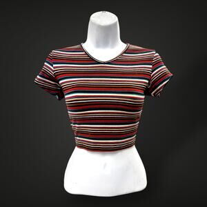 90s Crop Top - Express Tricot  – Striped V-Neck Tee Fall Colors – Size M